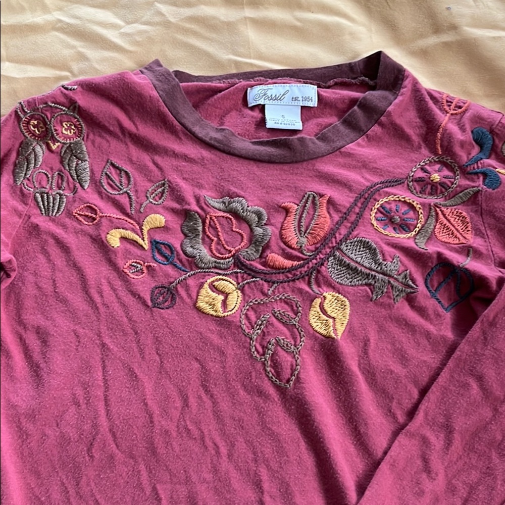 Fossil Embroidered Long Sleeve Top - Burgundy and Multicolor